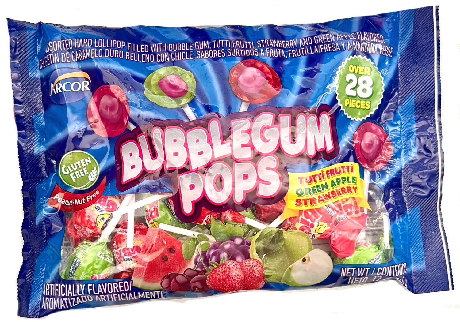 Bubblegum Pops, Assorted Lollipops with Bubble Gum, Tutti Frutti, Strawberry, Green Apple, Gluten Free, Peanut Free