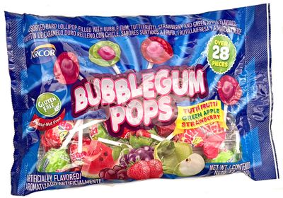 Bubblegum Pops, Assorted Lollipops with Bubble Gum, Tutti Frutti, Strawberry, Green Apple, Gluten Free, Peanut Free