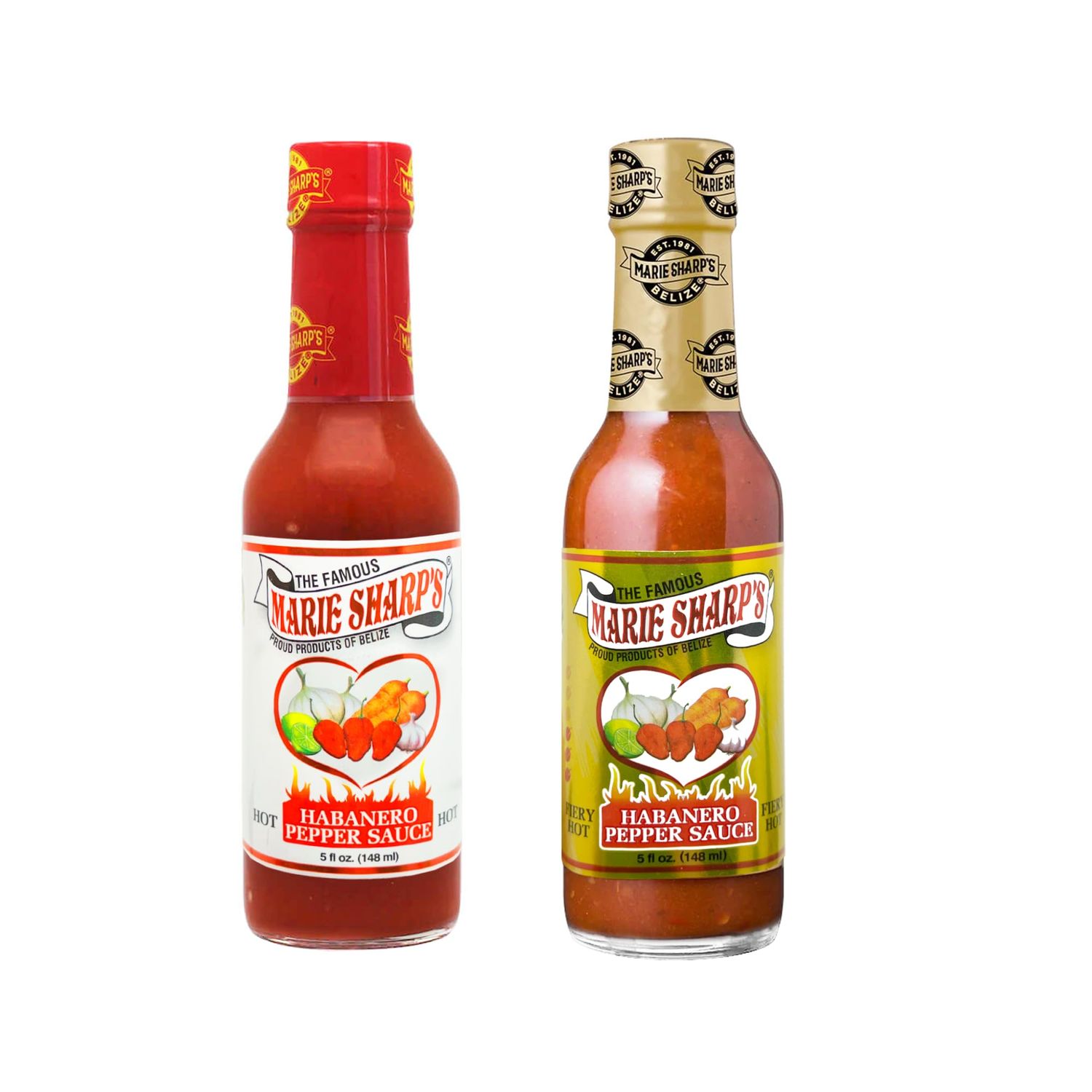 Marie Sharp&#39;s HOT and FIERY HOT Habanero Pepper Sauce Combo, 5oz each