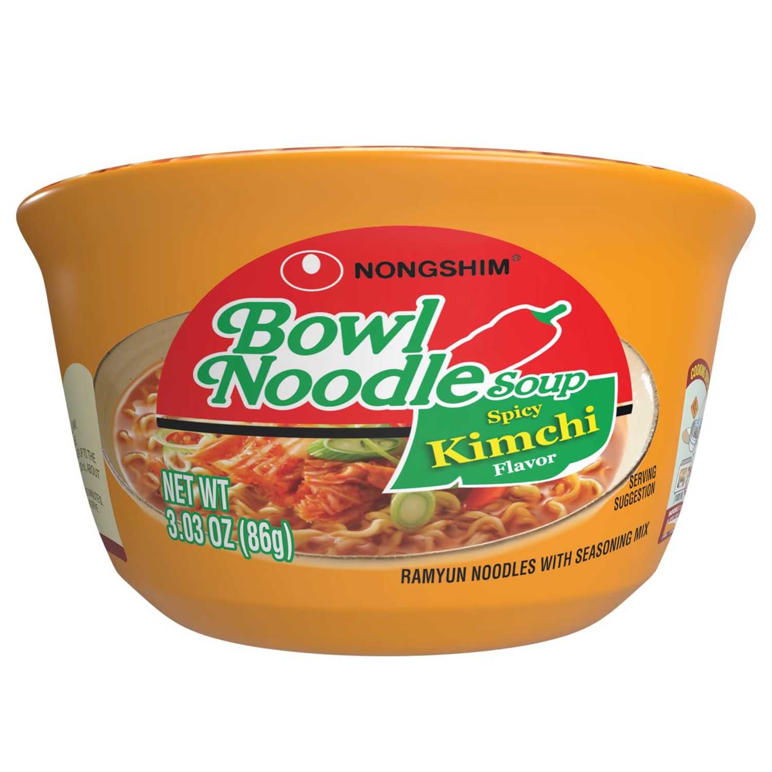 Nongshim Kimchi Instant Ramen Noodle Soup Bowl, 3.03 Ounce (Pack of 6), Korean Ramyun with Veggies, Microwaveable