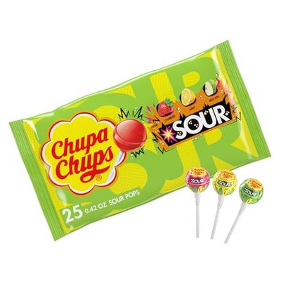 Chupa Chups Sour Fruit Lollipop Assortment, 3 Sour Flavors, Individually Wrapped Candy for Kids, 10.5 OZ Bag (25 Suckers)