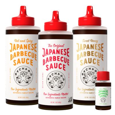 Bachan&#39;s Japanese Barbecue Sauce 4 Pack - 1 OG, 1 Hot &amp; Spicy, 1 Sweet Honey, 1 Yuzu Mini - BBQ Sauce for Wings, Chicken, Beef, Pork, Seafood, Noodles, and More. Non GMO, No Preservatives, BPA free