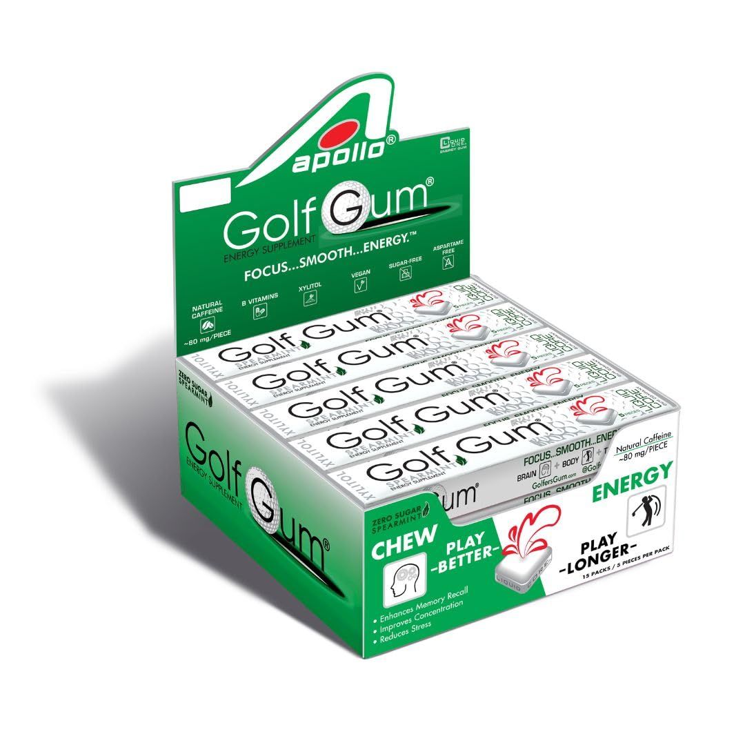 Golf Gum by Liquid Core - 80mg of Natural Caffeine - Energy for Golfers - Sugar-Free, Aspartame-Free, Caffeine Gum - Enhanced Focus &amp; Better Score - 5 Pieces Per Pack (15 Pack)