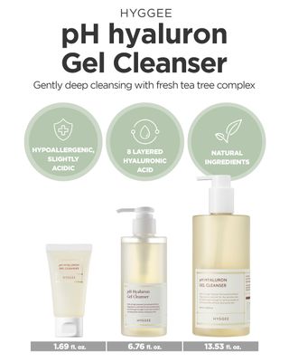 HYGGEE pH Hyaluron Gel Cleanser - Hyaluronic Acid Hydrating Face Wash - pH Balancing Formula for All Skin Types - Hypoallergenic Mild Makeup Cleansing Gel, 1.69 fl.oz. x 2 Pack