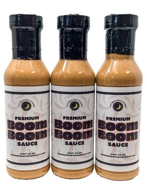 Premium Boom Boom Sauce 3 Pack 12 Fluid Ounce Bottles with Flavor Lock Caps Crafted in Small Batches Delicious Boom Boom Sauce 3-Pack - Perfect for Dipping, Drizzling, and Marinating!