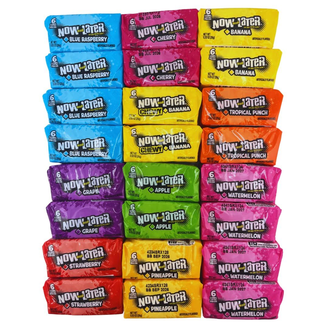 FASO SWEET Now and Later Candy Variety Pack - 24 Packs with 10 Flavors, 6 Pieces Per Pack, 144 Pieces Total - Perfect for Sharing, Parties, and Snacking