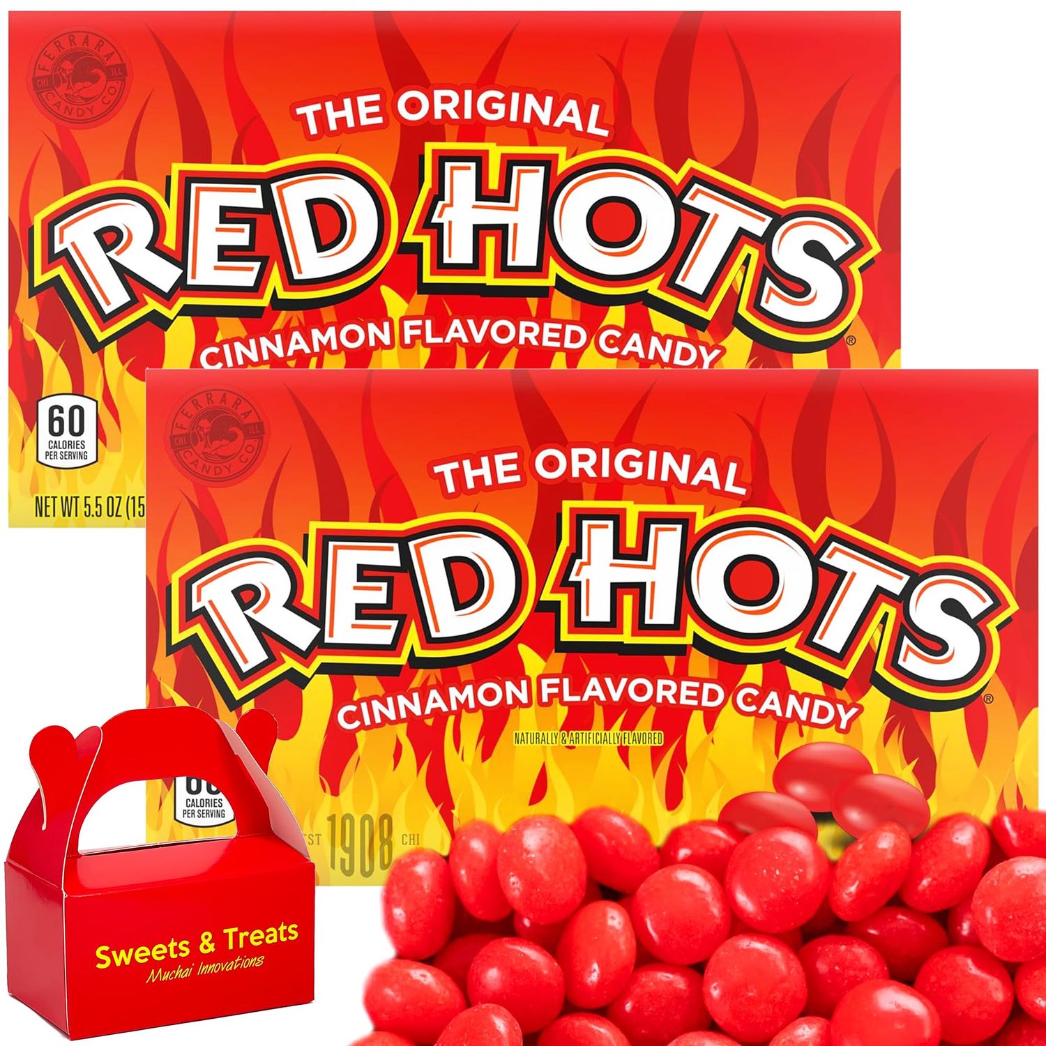 Red Hot Cinnamon Candy Original Breathe Fire Round Ball Candies For Every Occasion Movie night Birthday Office Reception Gift Travel Camp Muchai Box (Cinnamon 2 Theater Boxes)