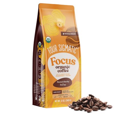 Dark Roast Organic Whole Bean Coffee by Four Sigmatic Fair Trade Coffee Beans Coated with Lion&#39;s Mane, Chaga Mushrooms Nootropic Mushroom Coffee for Enhanced Brain Function &amp; Immune Support 12oz