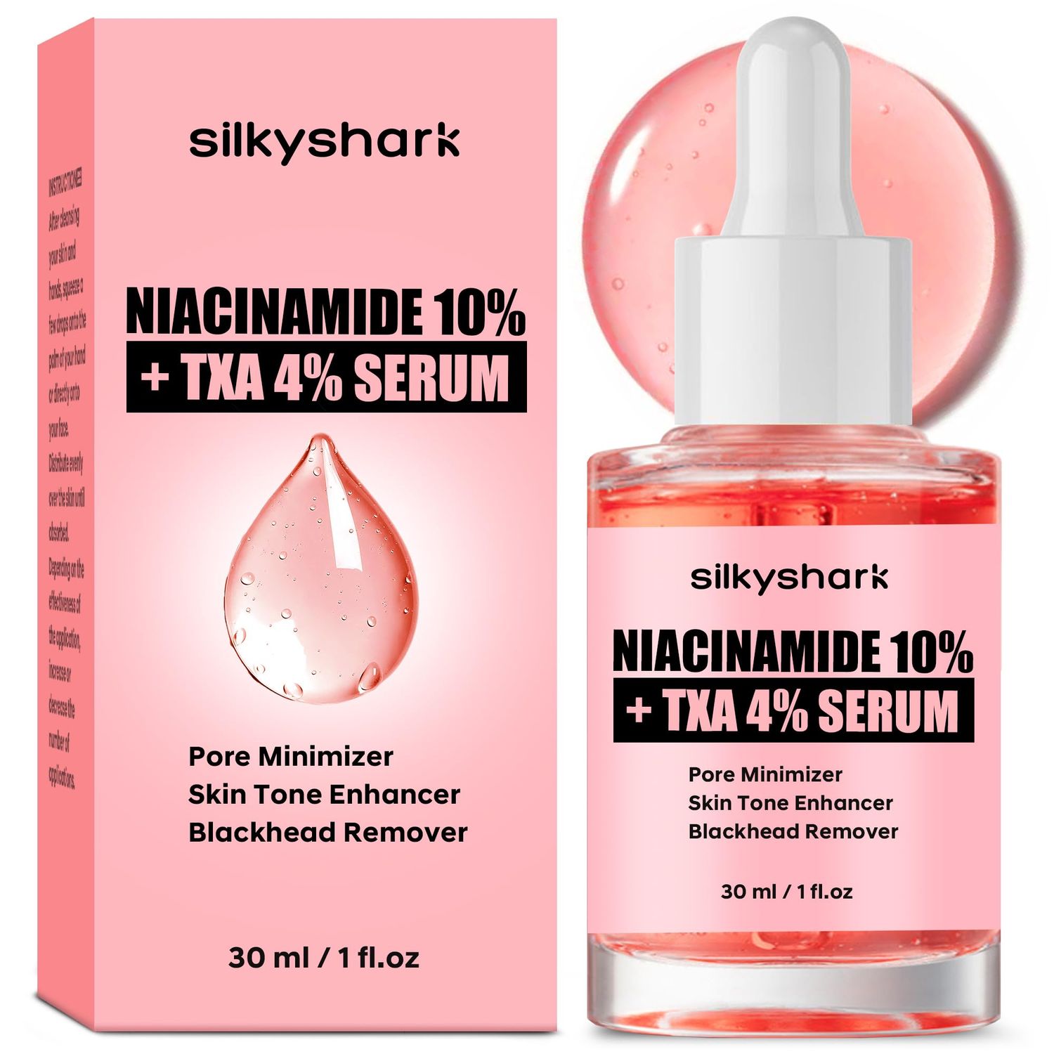 SilkyShark Niacinamide Serum (1 Fl Oz), 10% Niacinamide 4% Tranexamic Acid, Face Serum for Pore Minimizing, Dark Spots, Blackhead Removal, Hydrating, and Anti-Aging