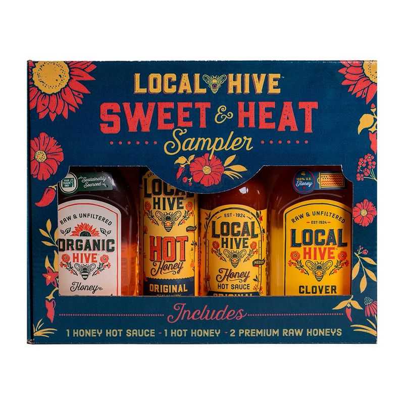Local Hive Sweet &amp; Heat Sampler - Original Hot Honey, Organic Hive 12oz, Local Hive 12oz Clover Honey, and Original Hot Sauce - ideal for drizzling, cooking, and elevating every bite
