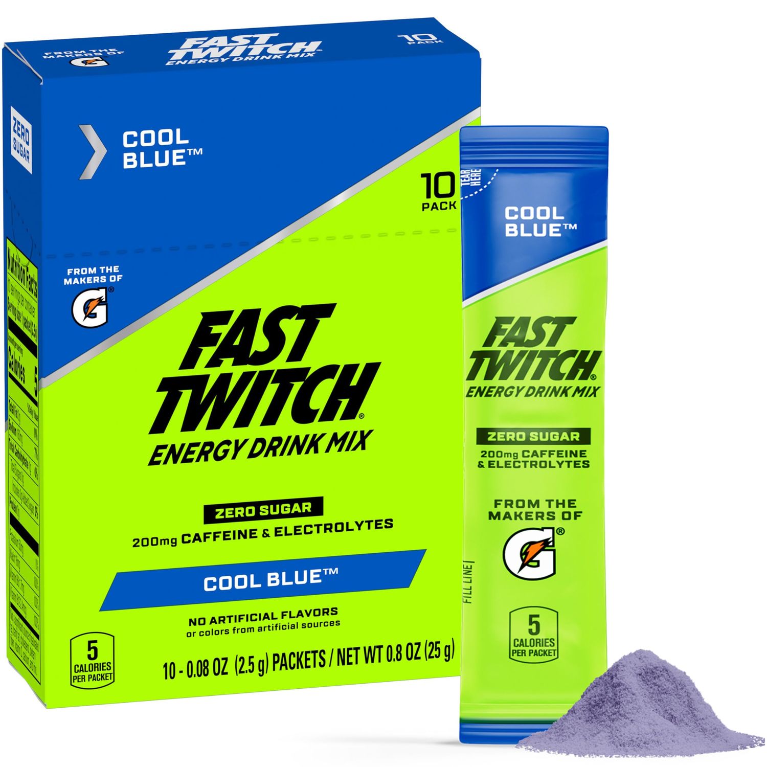 Fast Twitch Energy Drink Mix from Gatorade Powder Sticks, Cool Blue, 0.08oz Packets, 10 Pack, Zero Sugar, Caffeine, Electrolytes