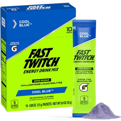 Fast Twitch Energy Drink Mix from Gatorade Powder Sticks, Cool Blue, 0.08oz Packets, 10 Pack, Zero Sugar, Caffeine, Electrolytes