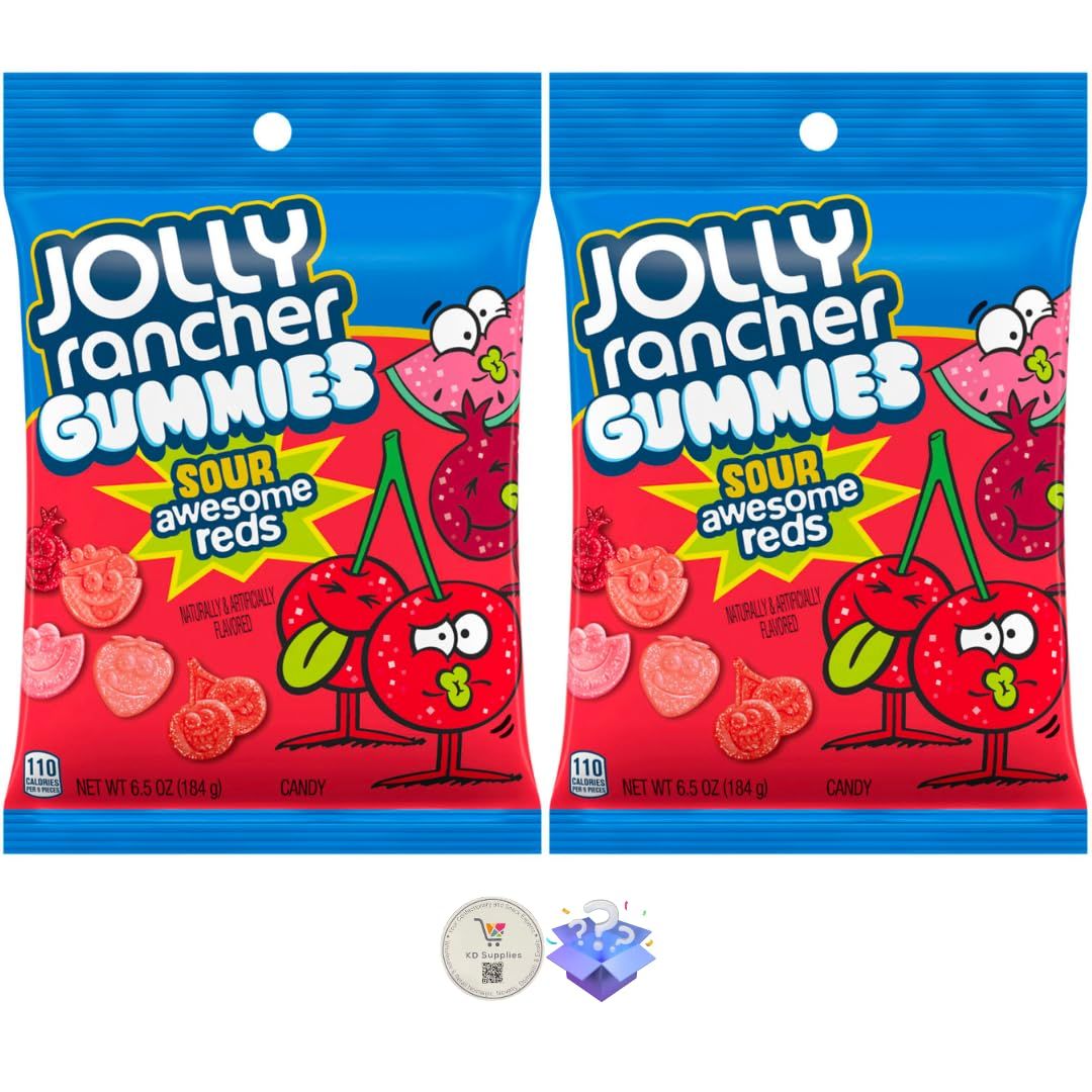 Jolly Rancher Fruit Flavored Gummies Candy Bags Bonus Mystery Candy (6.5 oz (Pack of 2), Sour Awesome Reds)
