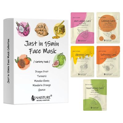 Just in15-Minute Facial Sheet Masks Variety Pack - Anti-Aging, Calming, Glowing, Softening, Nourishing Care -Korean Face Masks for All Skin Types, Self-Care Gifts for Women &amp;Men (5Pack)