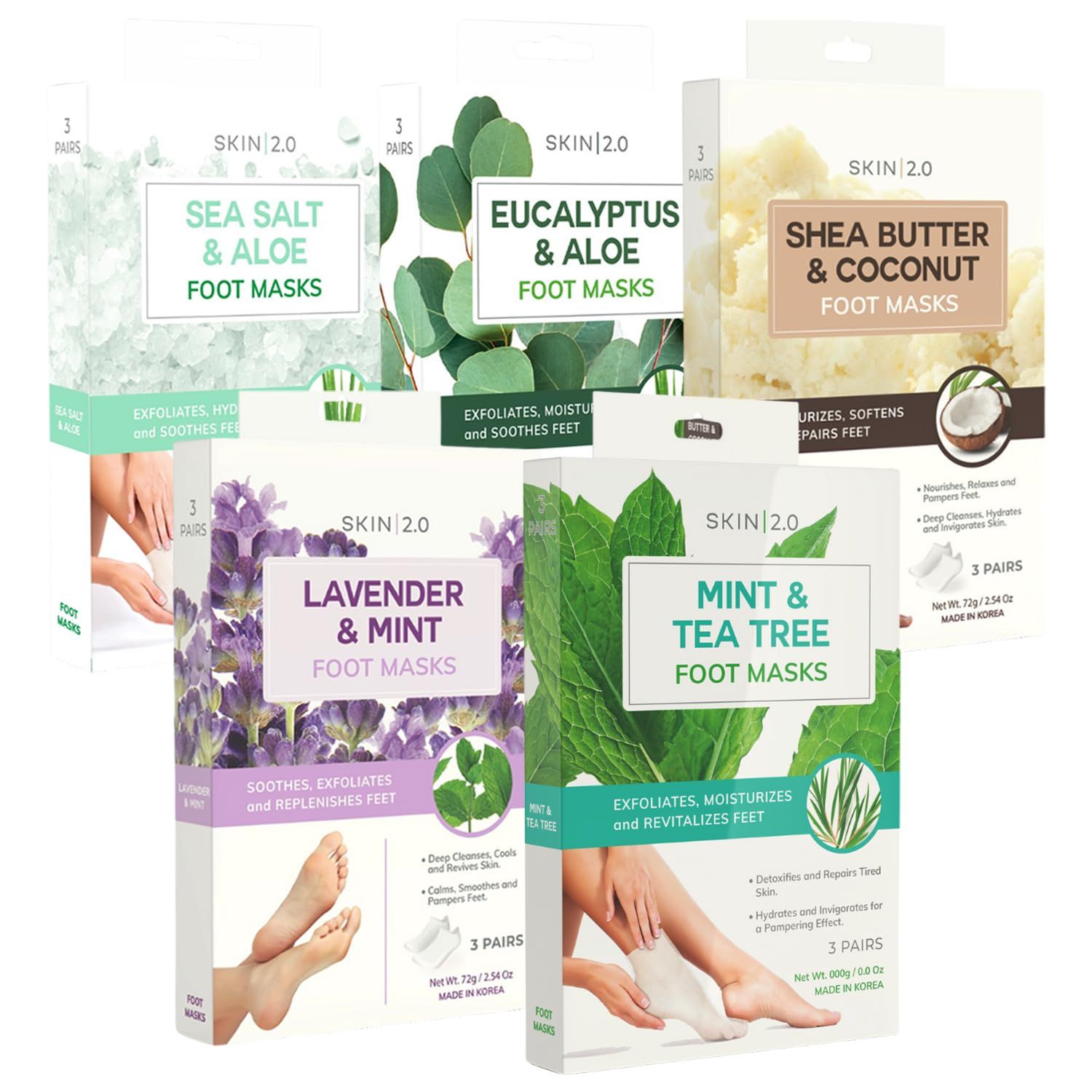 Skin 2.0 Foot Mask - Hydrates, Softens &amp; Repairs Dry Feet- Dermatologist-Tested, Clean Beauty, Natural, Cruelty-Free Korean Skincare, Non-GMO, Sulfates-Free- Phthalate-Free - Set of 5