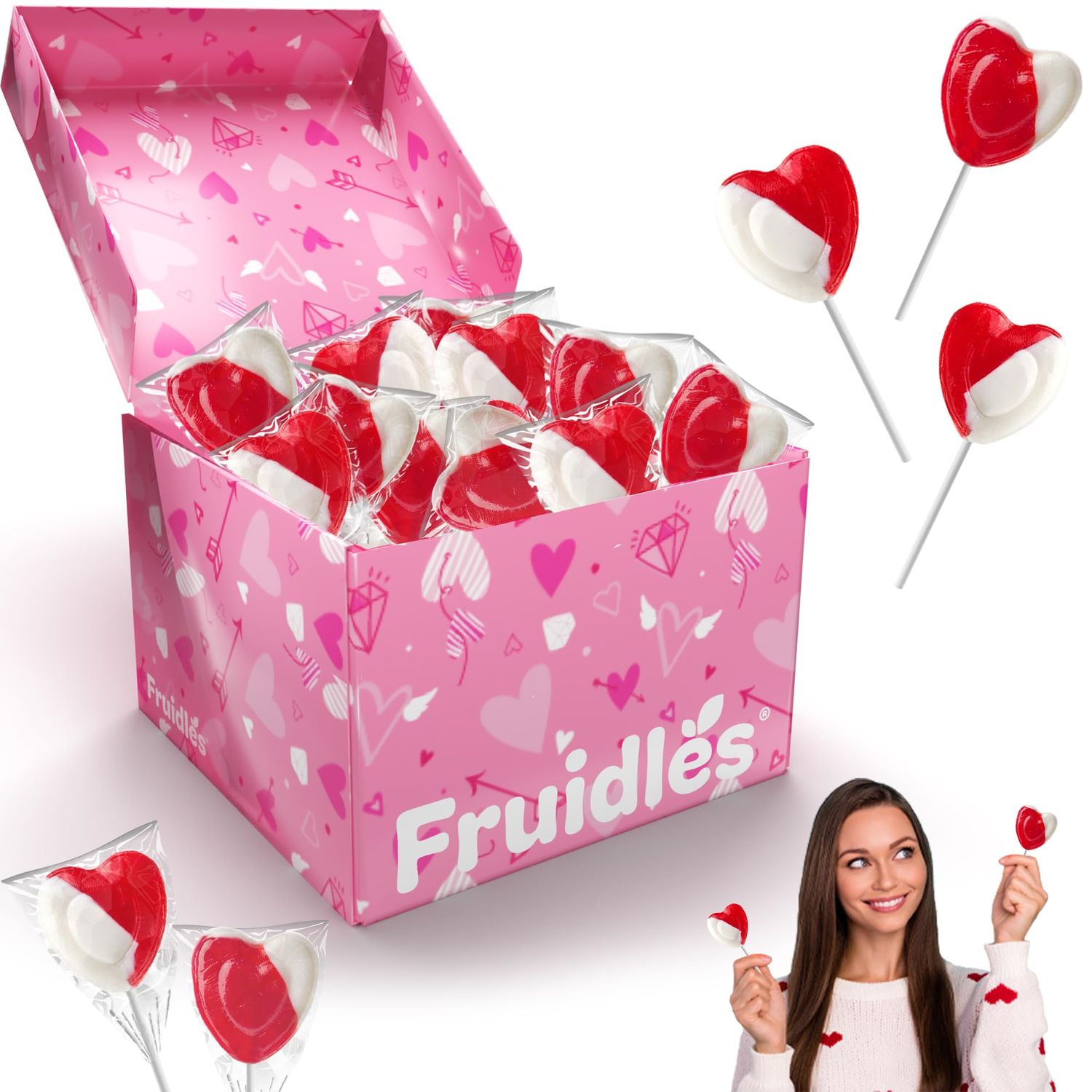 Lollipops Red Heart Shaped Strawberry N&#39; Cream Flavored, 12 Lollipops, Individually Wrapped