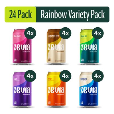 Zevia Zero Sugar Soda, Rainbow Variety Pack, 12 oz Cans (24-Pack) - Naturally Sweetened, Non-GMO Project Verified, Gluten-Free, Vegan