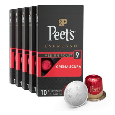 Peet&#39;s Coffee, Medium Roast Espresso Capsules, Compatible with Nespresso Original Machine - Crema Scura Intensity 9, 50 Count (5 Boxes of 10 Espresso Capsules)