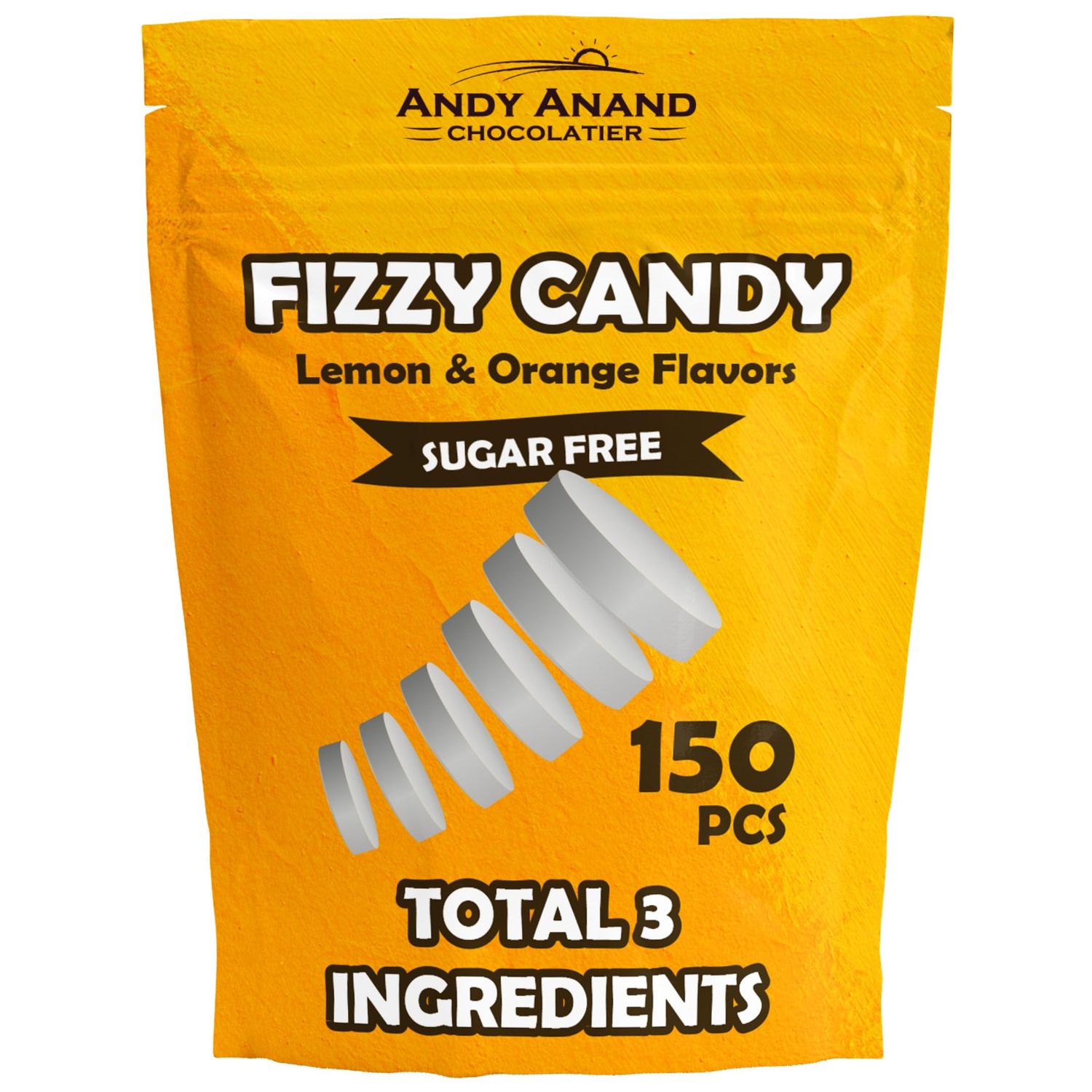 Andy Anand Sugar Free Italian Effervescent Fizzy candy Lemon &amp; Orange Flavors: 150 Pcs, Delicious &amp; Refreshing, Ideal for Keto, Vegan, Gluten-Free Lifestyles 7 Oz