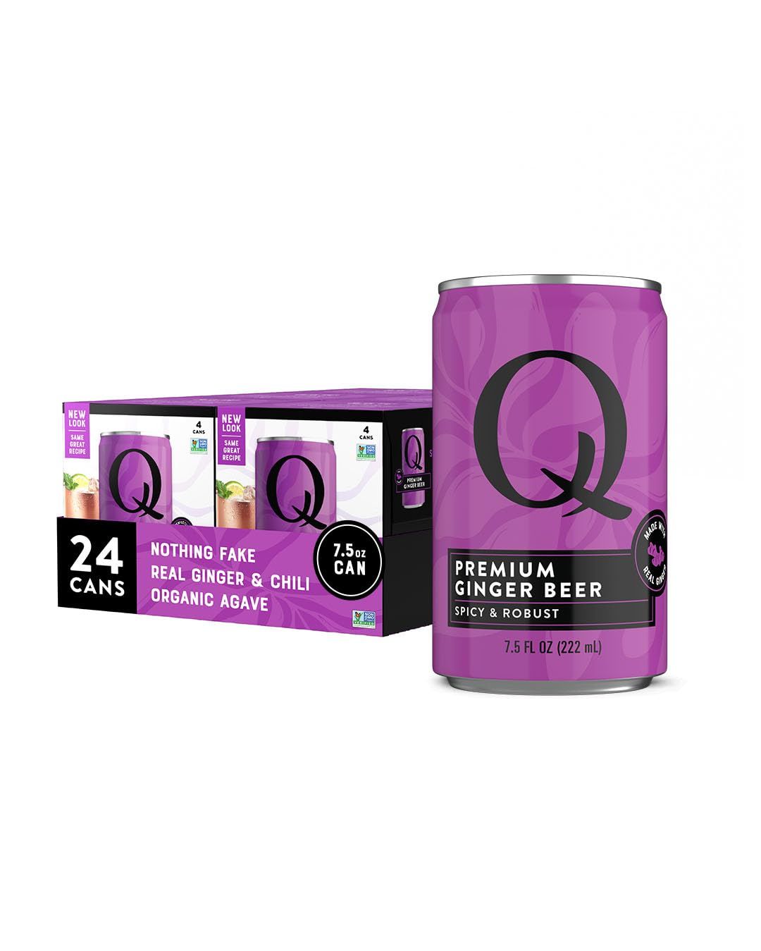 Q GINGER BEER with Real Ginger &amp; Organic Agave - Ideal for Cocktails &amp; Mocktails - Made with Real Ingredients, Perfectly Carbonated &amp; Less Sweet - 80 Calories per Can - 7.5 Fl Oz Cans (Pack of 24)