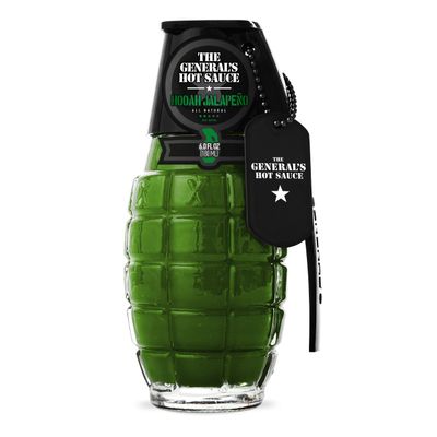 The General&#39;s Hot Sauce Hooah Jalapeno: American Grown,Veteran Owned. All-natural, jalapeno hot sauce in glass hand grenade bottle with metal dog tag. Made in USA with aged American grown peppers.