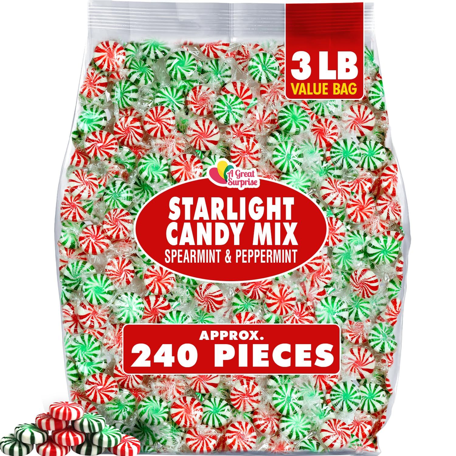 Starlight Mint Candy - 3 Pounds - Peppermint and Spearmint - Bulk Mints Hard Candy Individually Wrapped