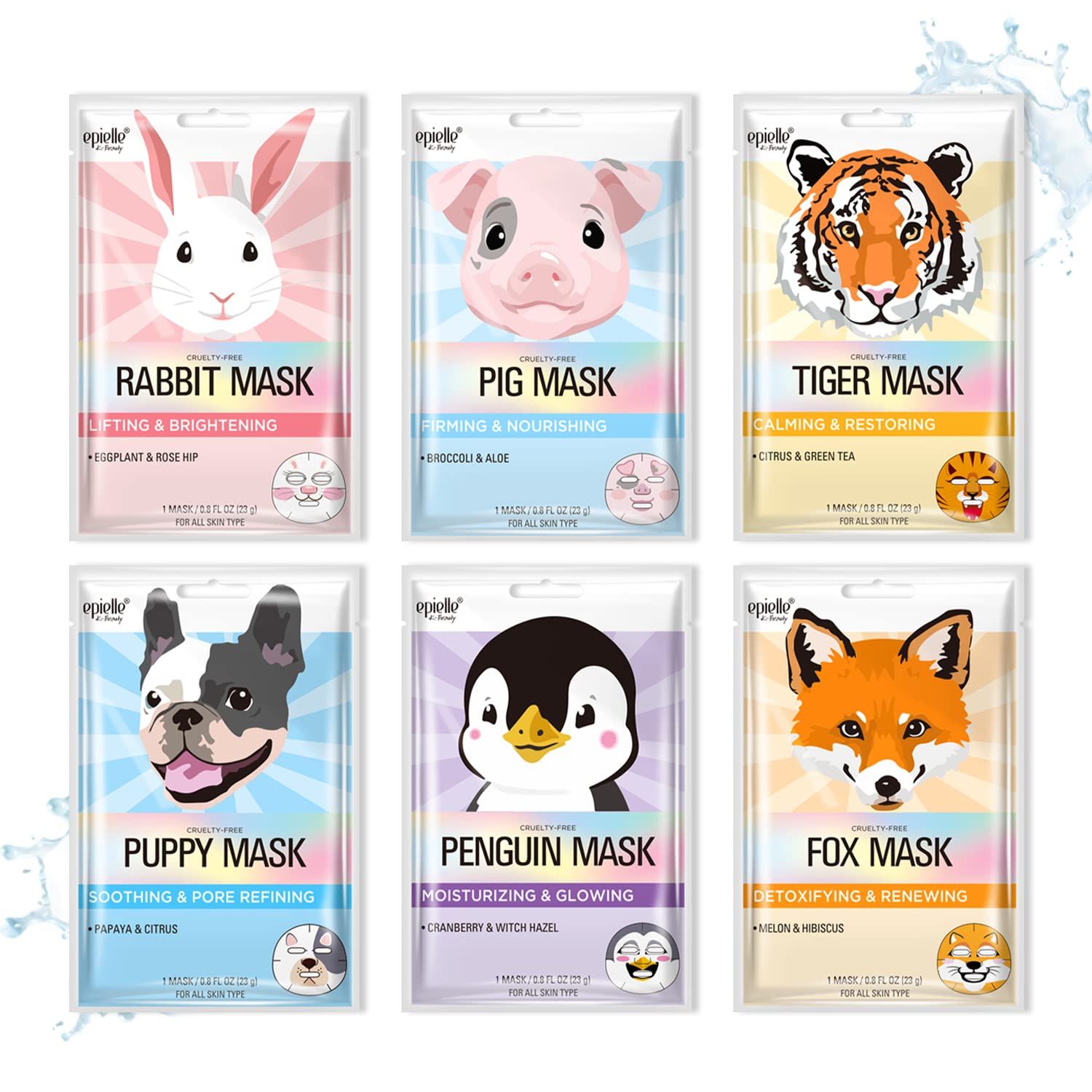 Epielle Animal Character Sheet Masks Korean Beauty Masks for All Skin Types Pack of 6 Face Mask, Birthday Party Gift, Girls' Night, Spa Day, Spa Night Korean Skincare, Easter Gift