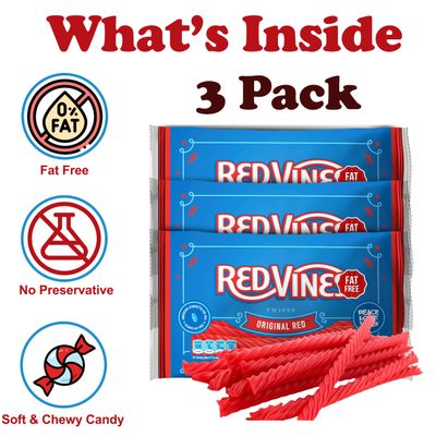 RedVines Red Licorice Bulk, 3 Pack, Original Red Licorice Twists, Soft and Chewy Licorice Valentine's Candy Bulk, Fat Free, Raspberry Red Licorice Flavor, 5 oz Trays