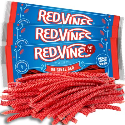 RedVines Red Licorice Bulk, 3 Pack, Original Red Licorice Twists, Soft and Chewy Licorice Valentine&#39;s Candy Bulk, Fat Free, Raspberry Red Licorice Flavor, 5 oz Trays