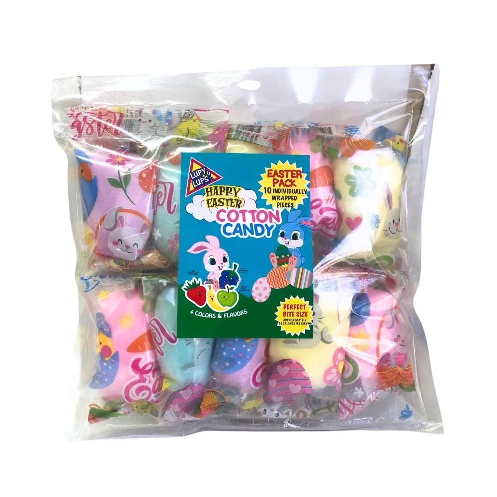 Lupy Lups! Cotton Candy Party Pack - 10 Pack (0.5 oz Each) - Easter Design, Individually Wrapped - Pastel Candy for Easter Basket Stuffers, Gifts, Party Favors, Treats, Buffet Table &amp; Piatas
