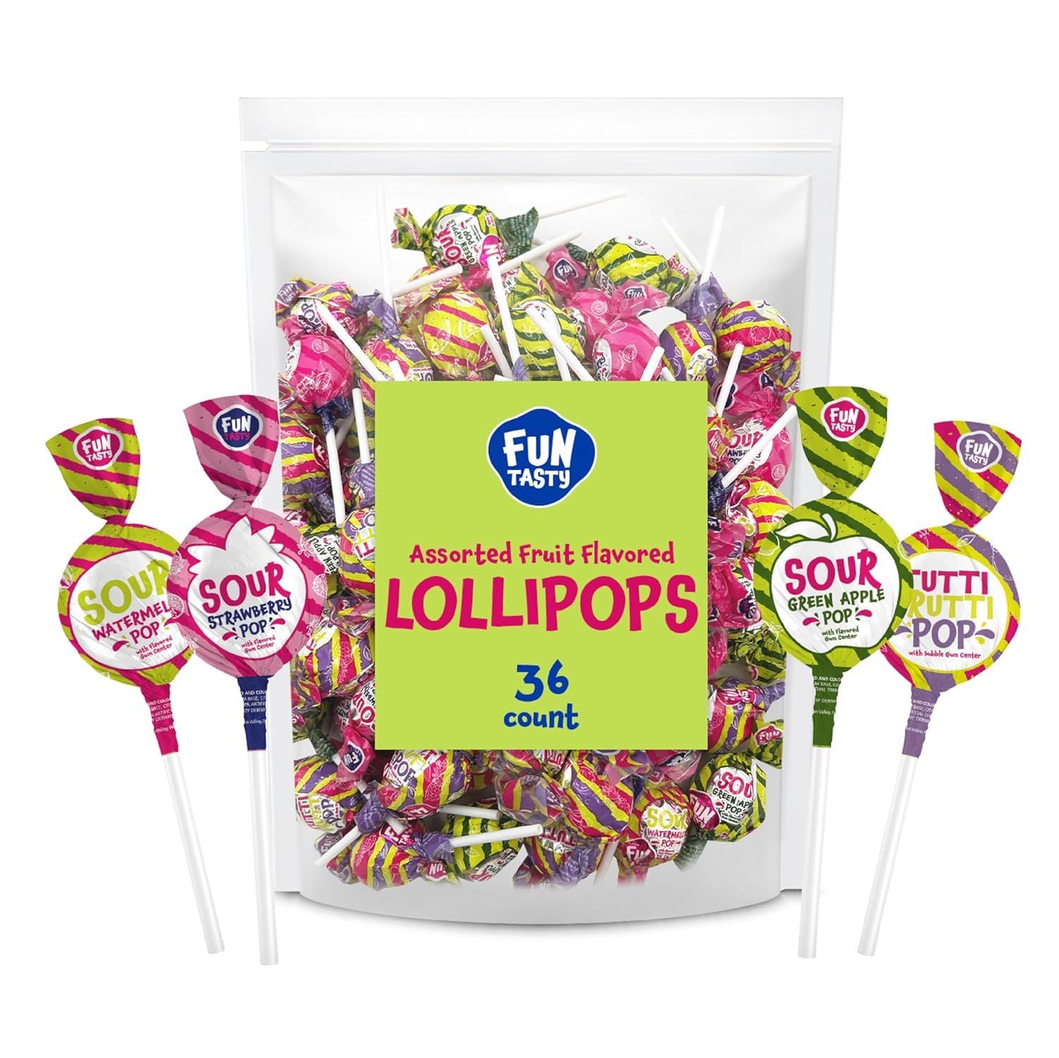 Gum-Filled Lollipops - 2 Pound Bulk Pack (About 36 Count) - Assorted Fruit Flavors - Sour Pops - Apple, Strawberry, Watermelon, Tutti-Frutti
