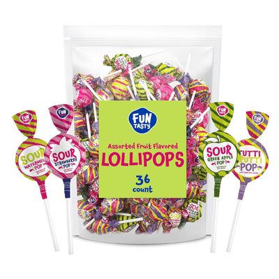Gum-Filled Lollipops - 2 Pound Bulk Pack (About 36 Count) - Assorted Fruit Flavors - Sour Pops - Apple, Strawberry, Watermelon, Tutti-Frutti