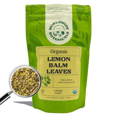 Worldwide Botanicals Organic Lemon Balm Tea, 6 Ounces - Loose Leaf Premium Herbal Tea 100% Pure Lemon Balm Leaves For Stress Relief and Good Digestion Kosher