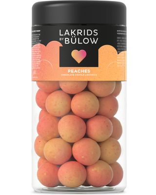 LAKRIDS BY BLOW - Peaches - 10.4 oz - Chocolate Coated Gourmet Licorice - Sweet Licorice Core Coated in White Chocolate &amp; Peach