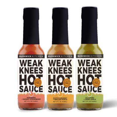 Weak Knees Hot Sauce Sampler Gift Box, Set of Three (3) Apple, Peach, and Strawberry Hot Sauces with Recipes and Gift Packaging, Variety Pack