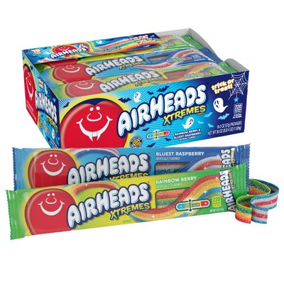 Airheads Xtremes Belts, Halloween Trick or Treat Pack, Rainbow Berry and Bluest Raspberry Flavors, Assorted Multipack, 2oz (Pack of 18)