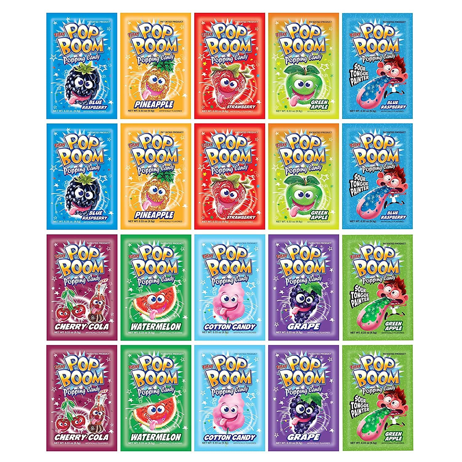 Tiltay Pop Boom Popping Candy - 20 Pack - 10 Flavor Assortment, Strawberry, Cherry Cola, Green Apple, Blue Raspberry, Watermelon, Grape, Pineapple, Cotton Candy - OU Kosher - Dairy Free