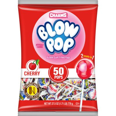 Charms Blow Pop Single Flavor Bag - Cherry Flavored Lollipops with a Bubble Gum Center - Individually Wrapped Hard Candy - Red Candy - Peanut Free, Gluten Free, 50 Count (Pack of 1)