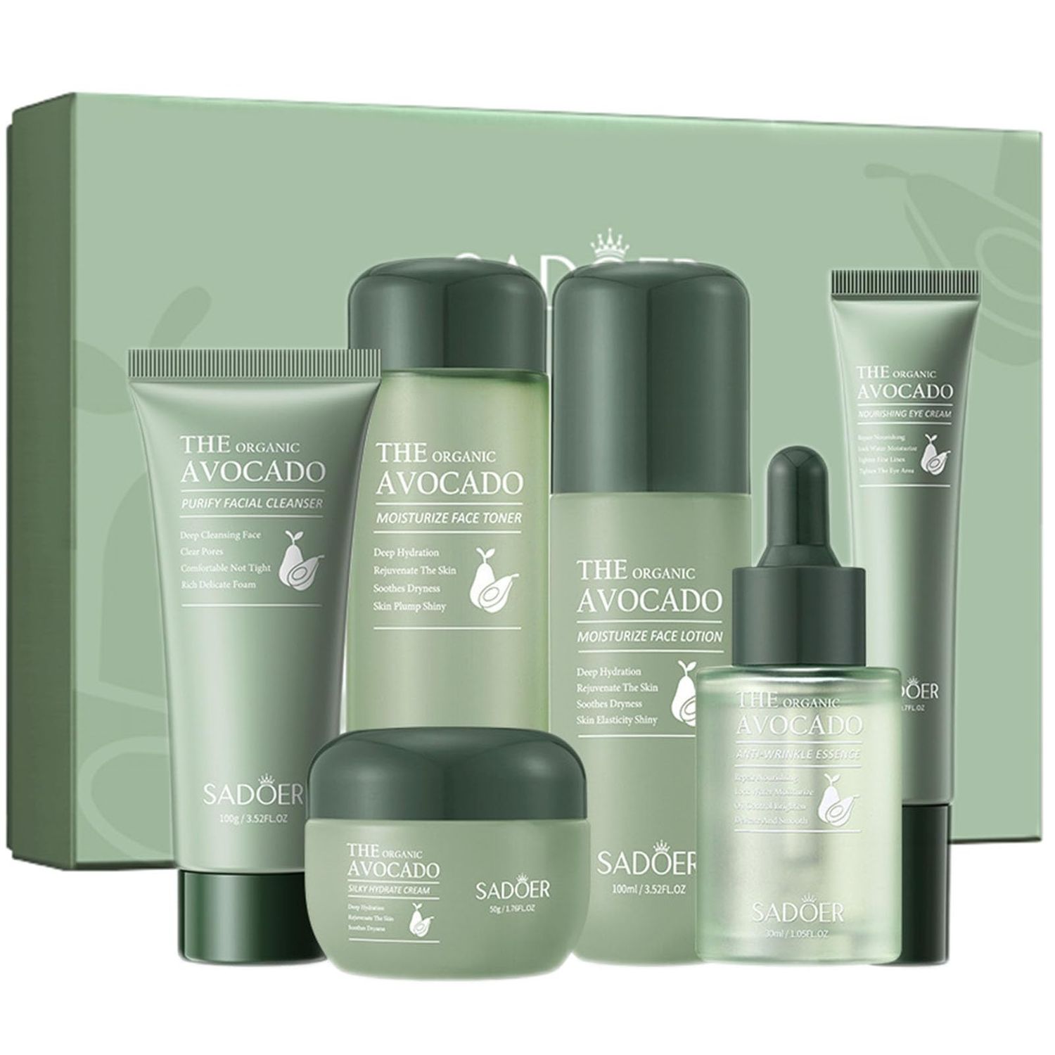 Avocado Skincare Sets, 6Pcs Skincare Gift Set with Facial Cleanser, Face Serum, Face Cream, Eye Cream, Toner, moisturizing Lotion, Skin Care Sets &amp; Kits, Hydrating Facial Kit for women