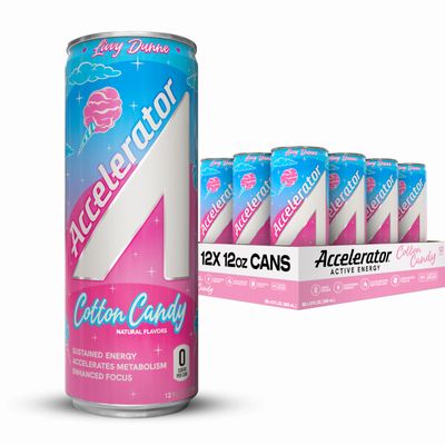 Accelerator Active Energy Drink Sugar Free Zero Carbs, Cotton Candy 12oz can(12 pack) Enhanced Focus &amp; Sustained Energy from 100% Natural Caffeine (200mg), Ashwagandha, Coq10 &amp; Green Tea Extract
