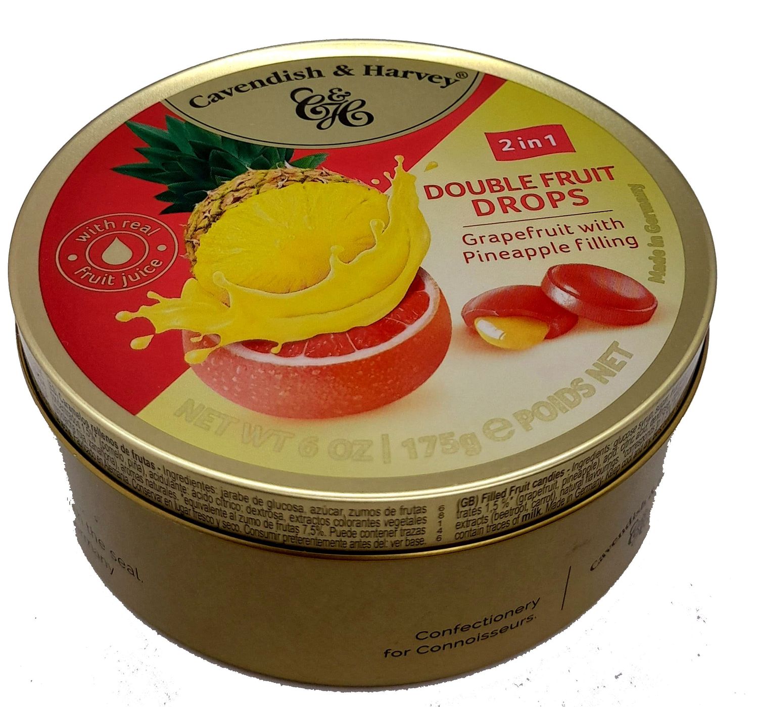 Cavendish &amp; Harvey Double Fruit Drops - Grapefruit with Pineapple Filling 175g 6 ounce Tin