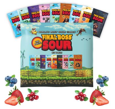 Final Boss Extremely Super Sour Candy, Natural Chewy Gummies Made with Dried Fruit, Free of Artificial Colors, Low Calorie Healthy Snack for Kids &amp; Adults, 1.06oz, 27 Pack (All Sour Levels)