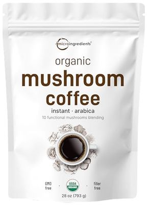 Organic Instant 10 in 1 Mushroom Coffee Powder, 28 Ounce (317 Servings) Weight &amp; Immune Support Premium Arabica Coffee with Lions Mane, Chaga, Reishi,&amp; More