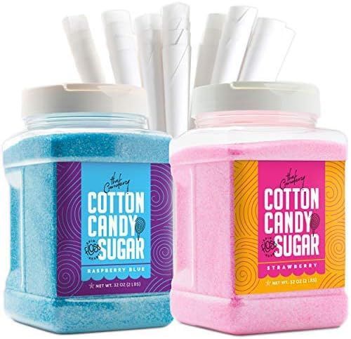 The Candery Cotton Candy Floss Sugar 32oz (2-Pack) Includes 100 Premium Cones Raspberry Blue and Strawberry Plastic, Reusable Jars Easy Pour Spout or Scoop Includes Scooper 2 LBS Jars