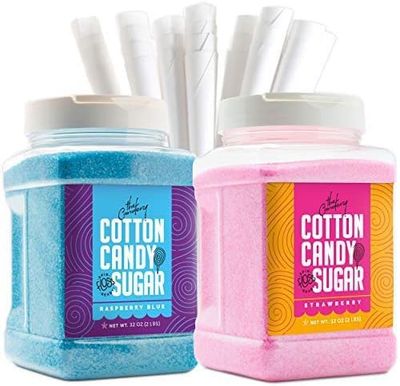 The Candery Cotton Candy Floss Sugar 32oz (2-Pack) Includes 100 Premium Cones Raspberry Blue and Strawberry Plastic, Reusable Jars Easy Pour Spout or Scoop Includes Scooper 2 LBS Jars