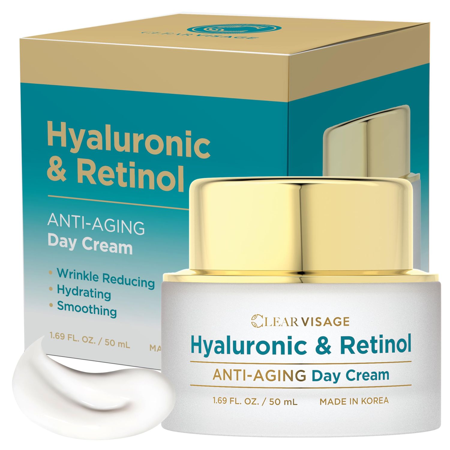 Clear Visage Korean Anti-Aging Day Cream - Hyaluronic Acid &amp; Retinol, Plumps &amp; Smooths Skin - Dermatologist Tested, Cruelty-Free Korean Skin Care for All Skin Types - 1.69 fl. oz