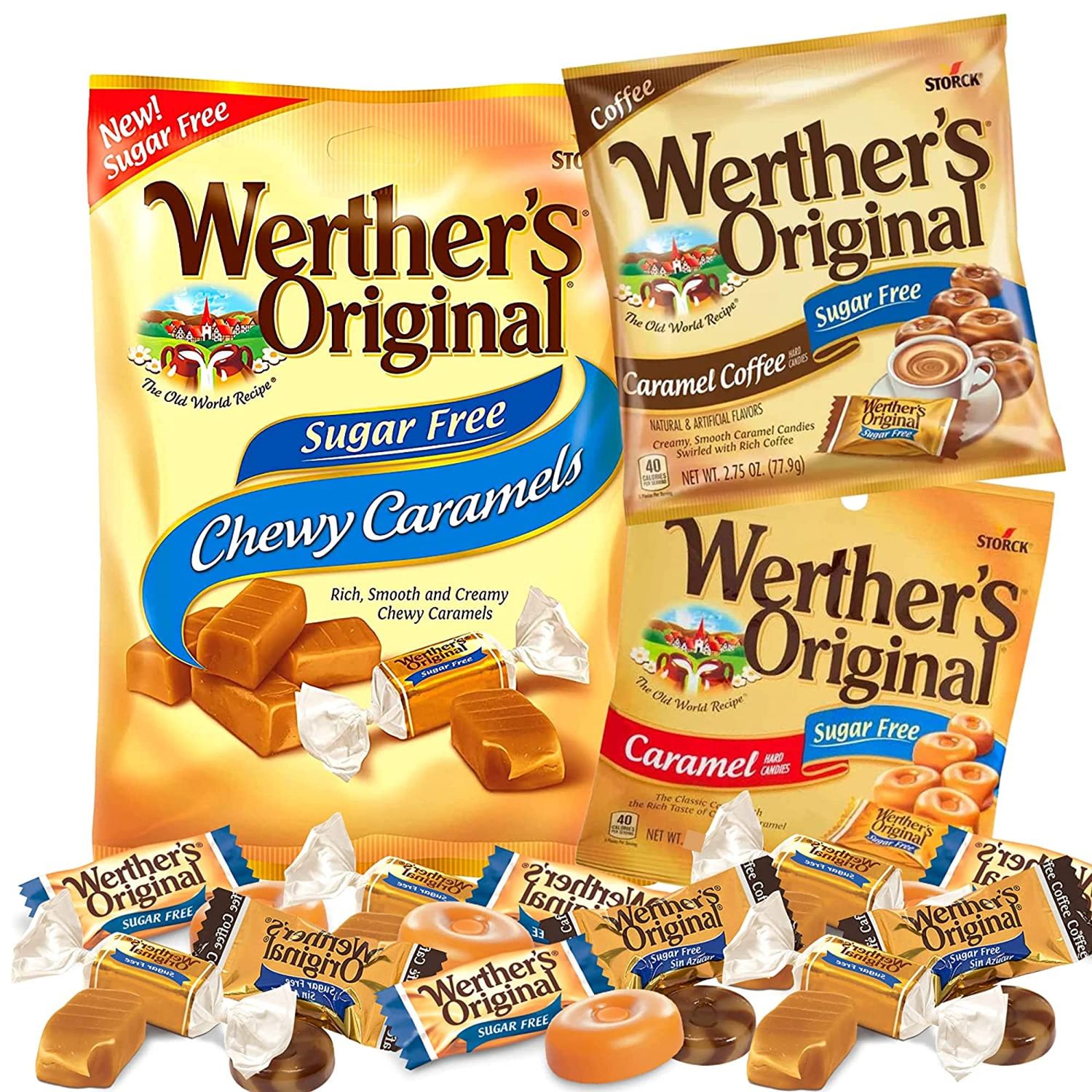 Needzo Werther&#39;s Sugar Free Candy Variety Pack with Classic Caramel Flavored Hard and Chewy Candies Paired with Caramel Coffee, Sugarless Gift Basket Stuffer, Set of 3