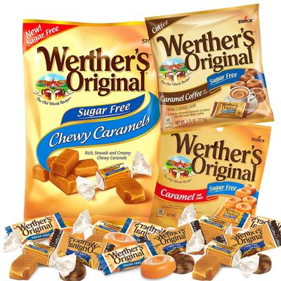 Needzo Werther&#39;s Sugar Free Candy Variety Pack with Classic Caramel Flavored Hard and Chewy Candies Paired with Caramel Coffee, Sugarless Gift Basket Stuffer, Set of 3