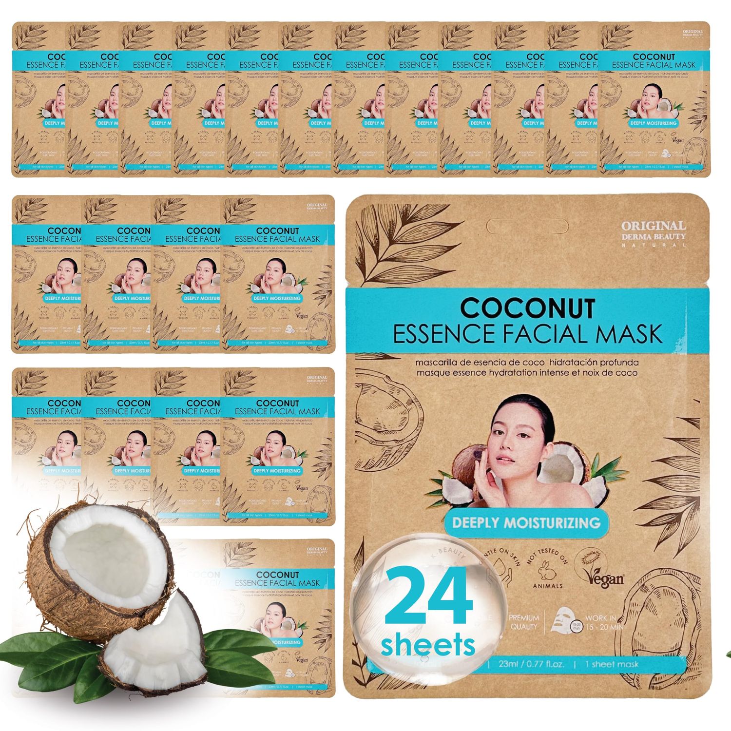 ORIGINAL DERMA BEAUTY 24 PK Vegan Face Masks for Skincare - Coconut, Aloe, Vitamin, Cucumber Facial Sheet Mask Korean Skin Care (24PK Coconut)