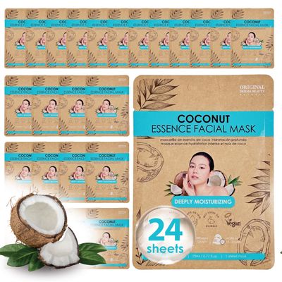 ORIGINAL DERMA BEAUTY 24 PK Vegan Face Masks for Skincare - Coconut, Aloe, Vitamin, Cucumber Facial Sheet Mask Korean Skin Care (24PK Coconut)